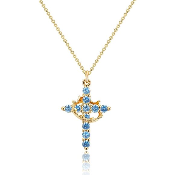 Diamond Crown Cross Necklace 14K Gold Silver Faith Pendant for Women Gift Chain - Picture 1 of 8